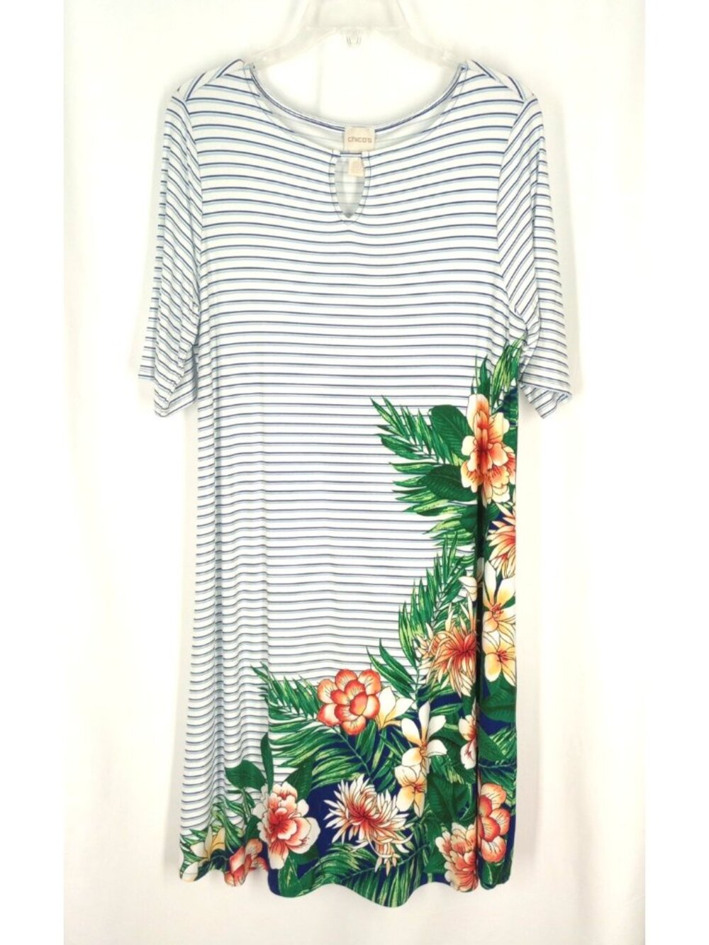 Chicos White Blue Striped Floral Knit Dress sz 1 M Paradise Palm Tropical Cruise